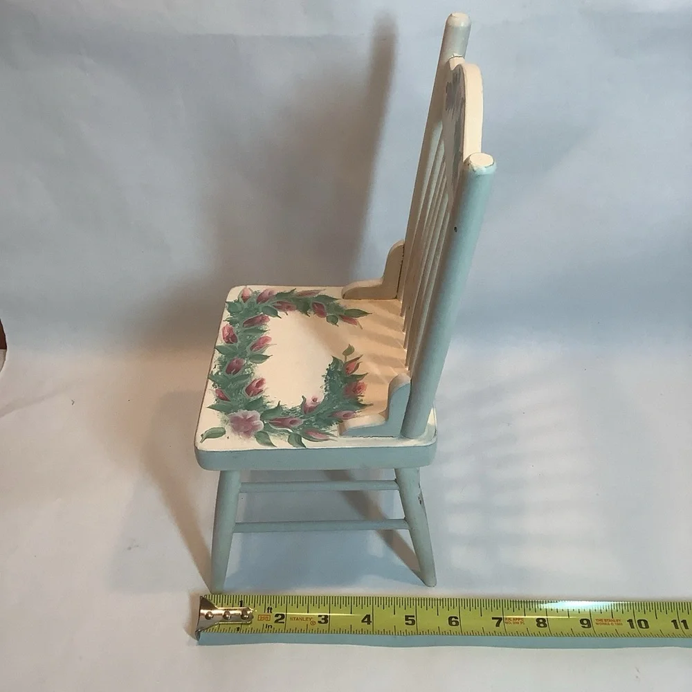 Hand Painted Doll Size Chair Rose Bud Artist Signed 12” Wood White Pink Green